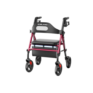 Andadera caminadora plegable con asiento para personas mayores color rojo.