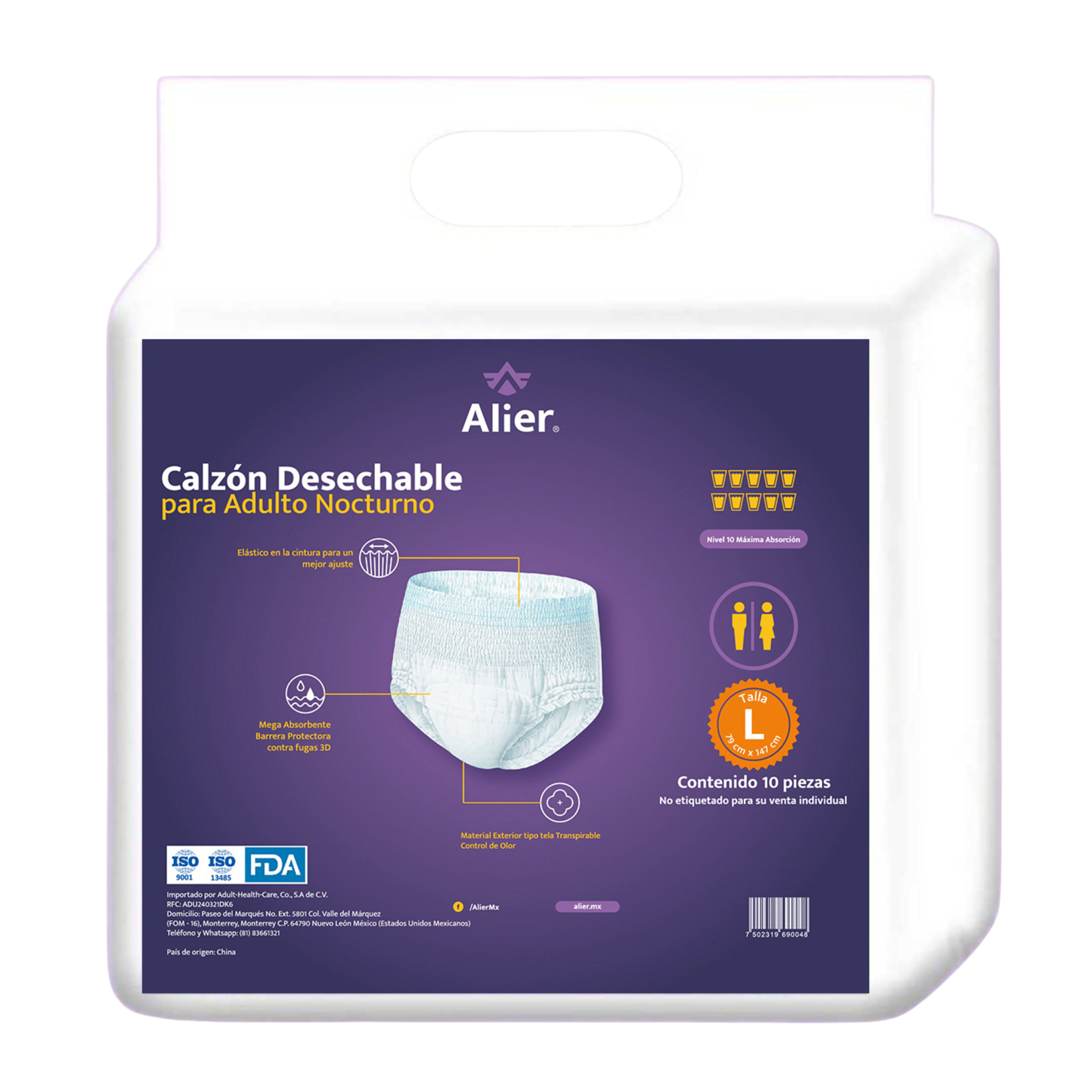 Calzón desechable para adulto. Nivel de absorción 10. Talla L.