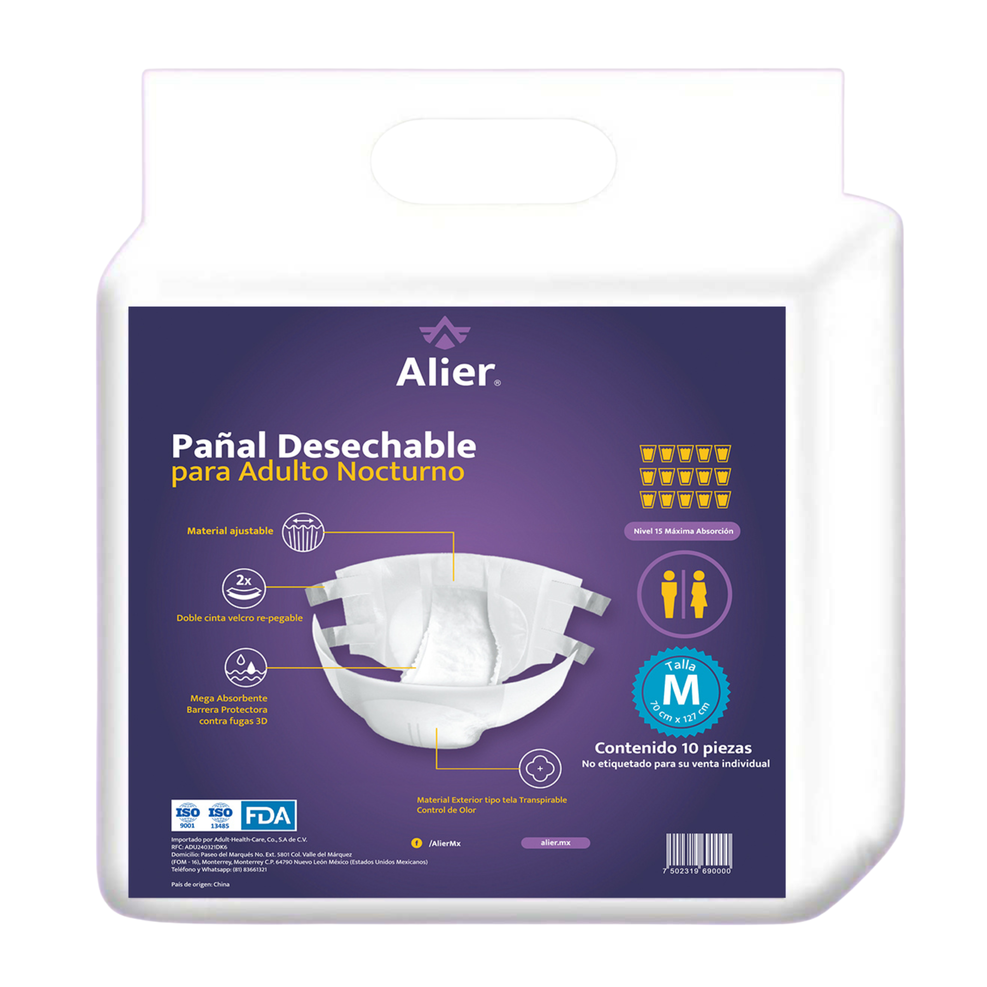 Pañal para adulto desechable. Nivel 15 de absorción. Talla M.