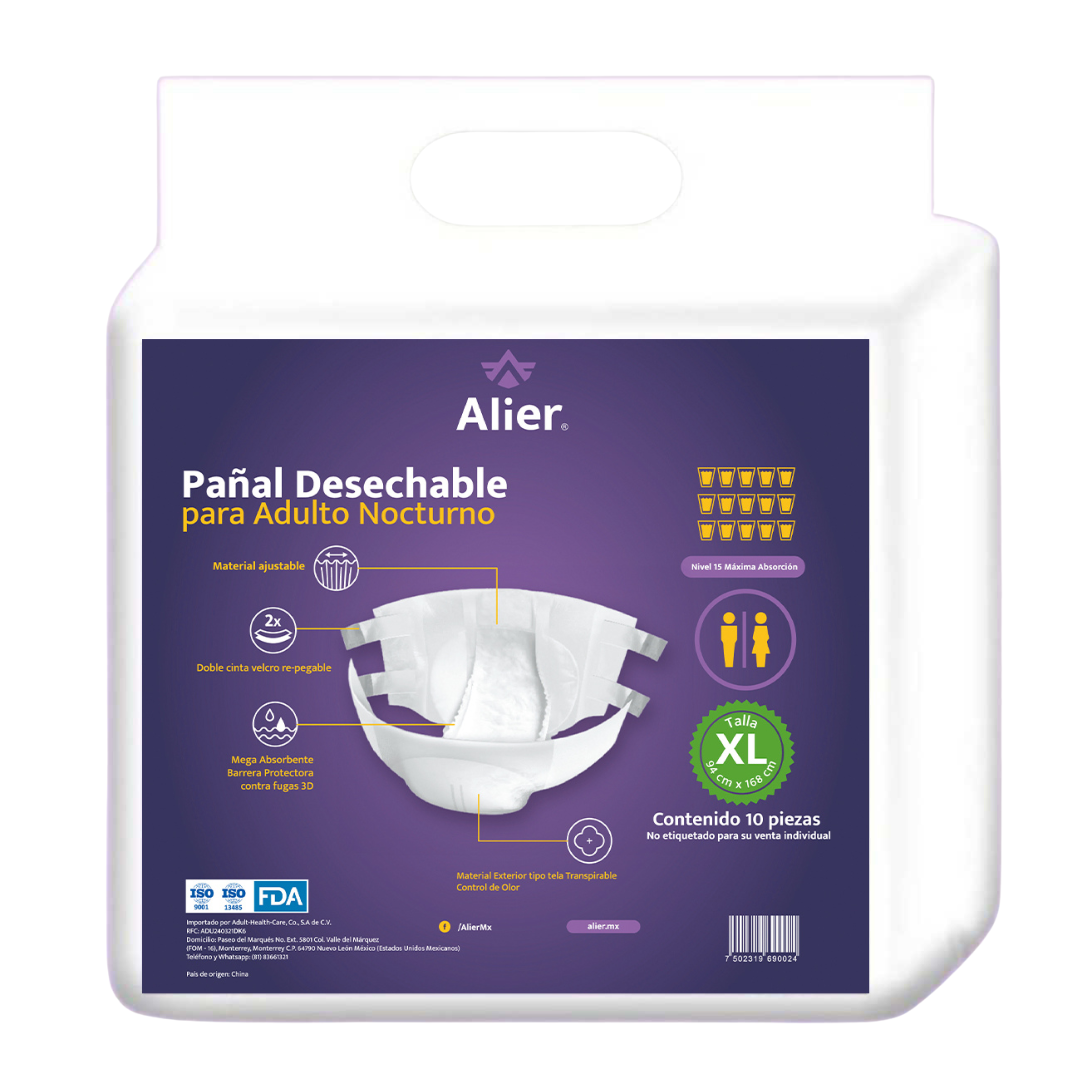 Pañal para adulto desechable. Nivel 15 de absorción.  Talla XL.