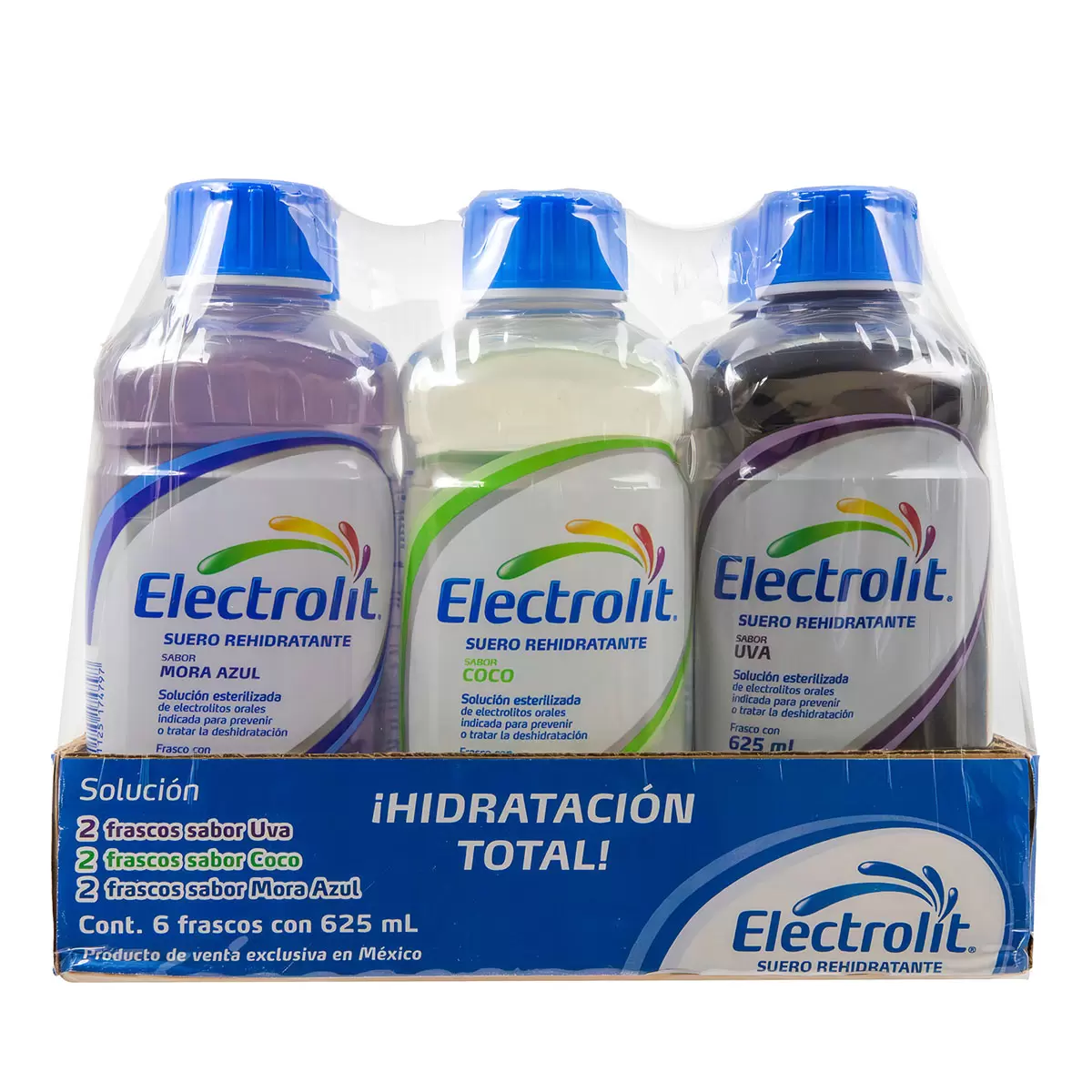 Electrolit sabor Uva, Coco y Mora. 625 ml c/ 6 pzas.