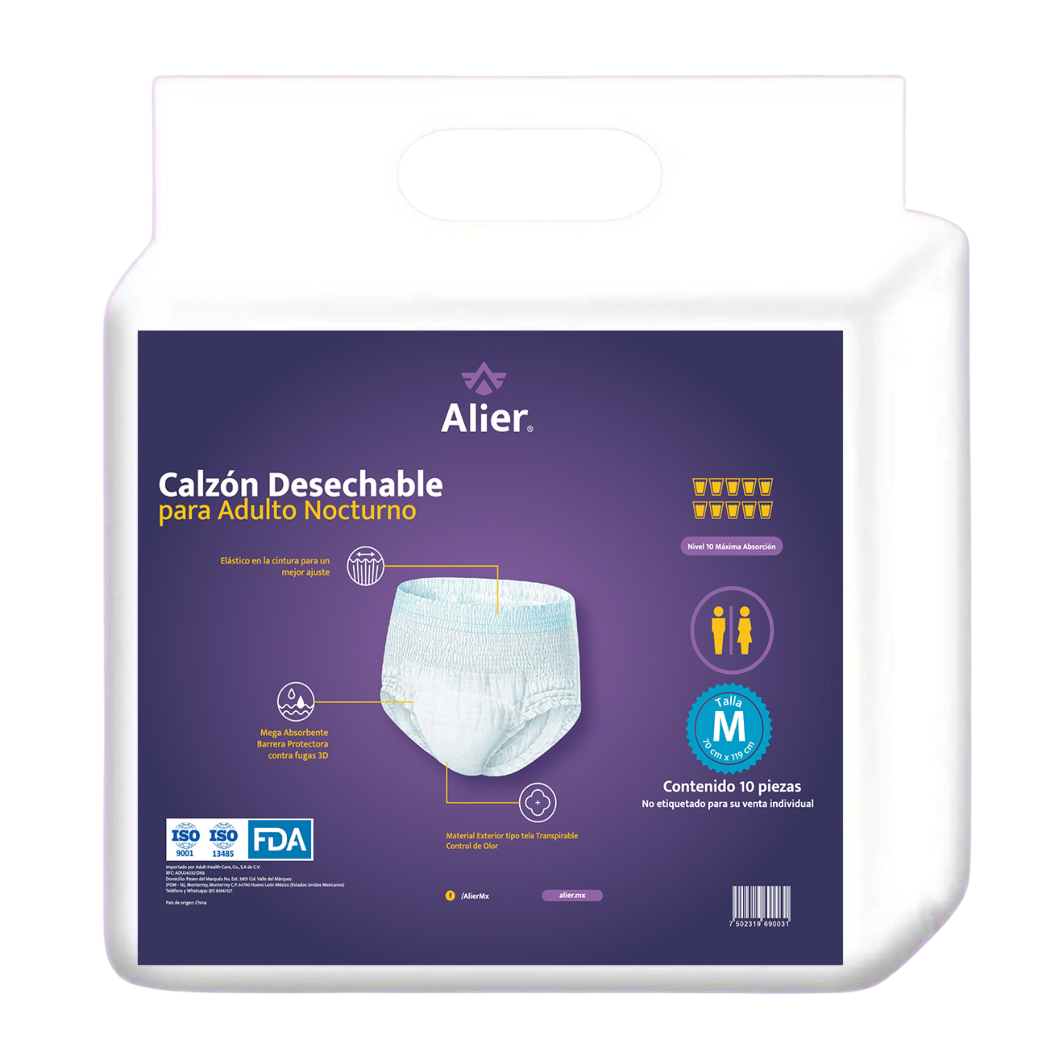 Calzón desechable para adulto. Nivel de absorción 10. Talla M.