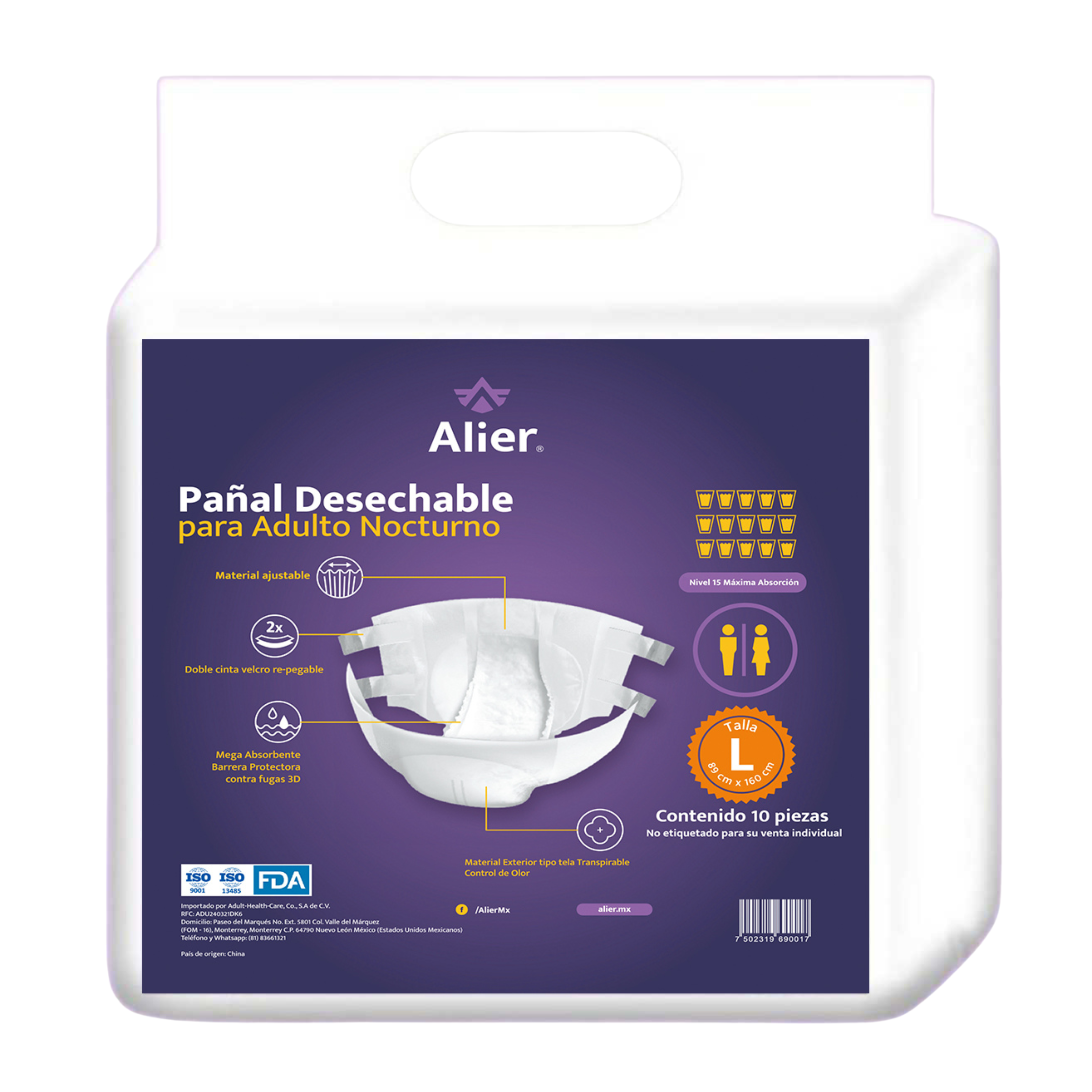 Pañal para adulto desechable. Nivel 15 de absorción. Talla L.